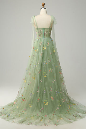 Green A Line Tulle Corset Floor Length Ball Dress with Embroidered Floral